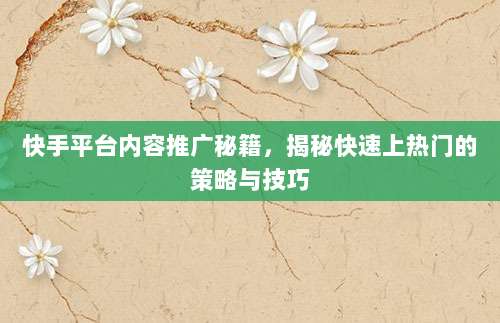 快手平台内容推广秘籍，揭秘快速上热门的策略与技巧